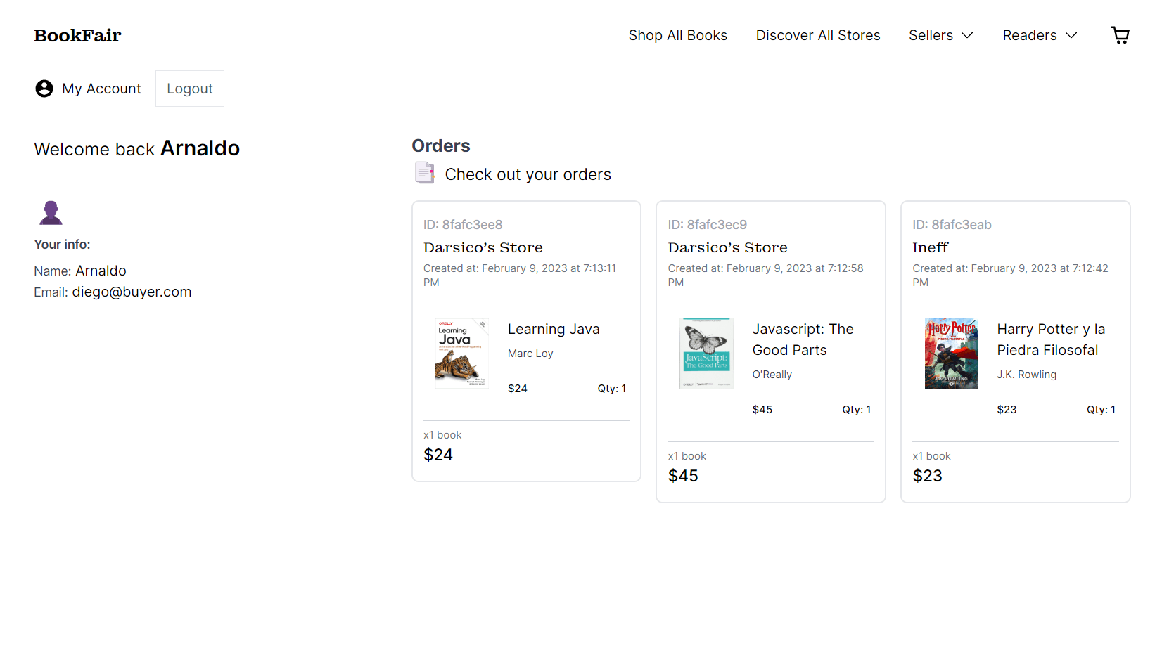 Orders displayed in buyer personal account.